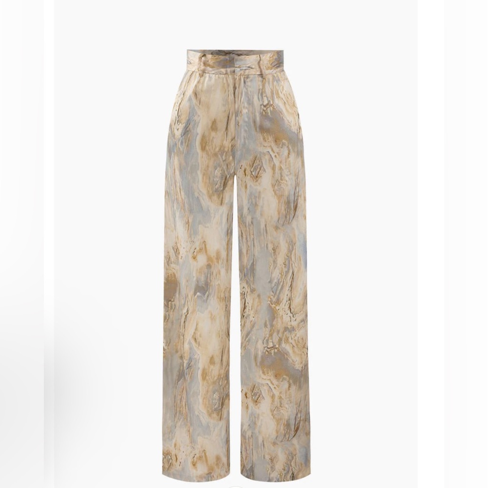 Micas Marble Print High Waisted Full-length Straight Leg Pants